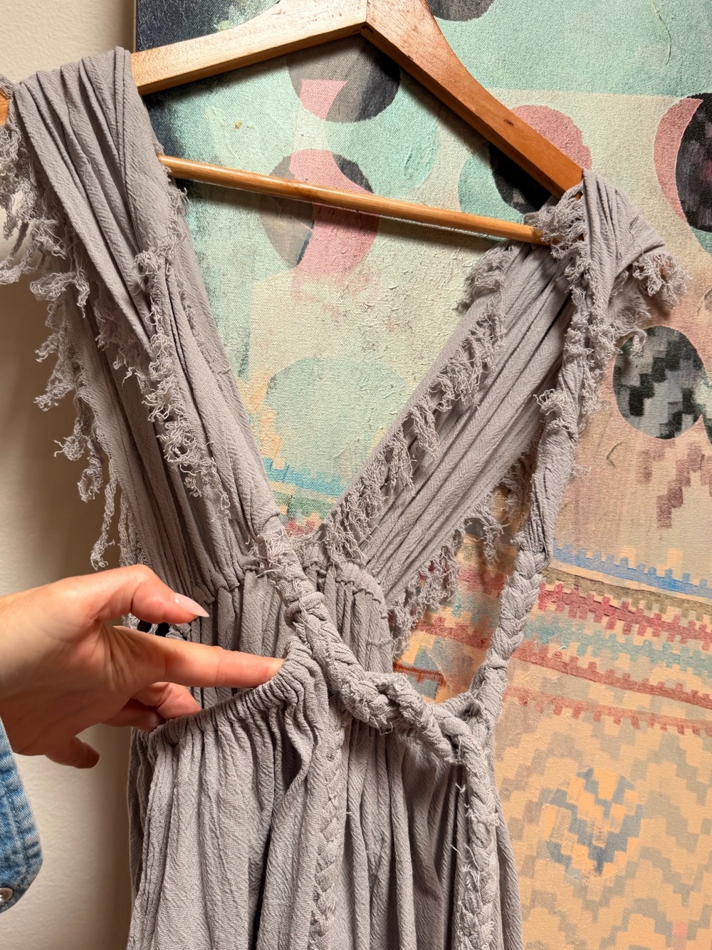 Ilaria Mexico Caftan Wrap Dress Coverup Raw Cotton Voile Gray Blue One Size - Picture 11 of 13